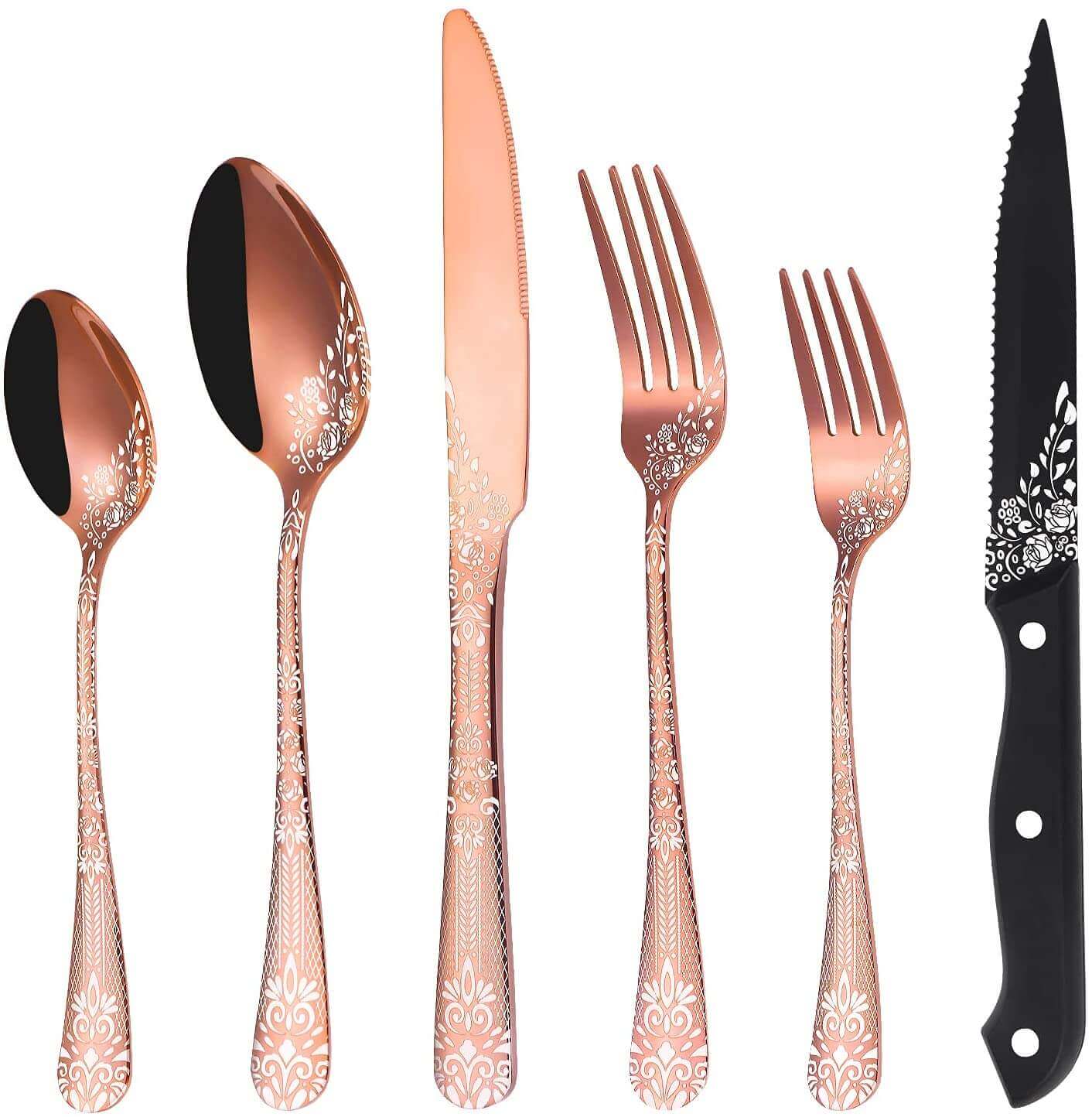 24Pcs Rose Gold Stainless Steel Dishwasher Safe Silverware Flatware Cutlery Set - Bevelse