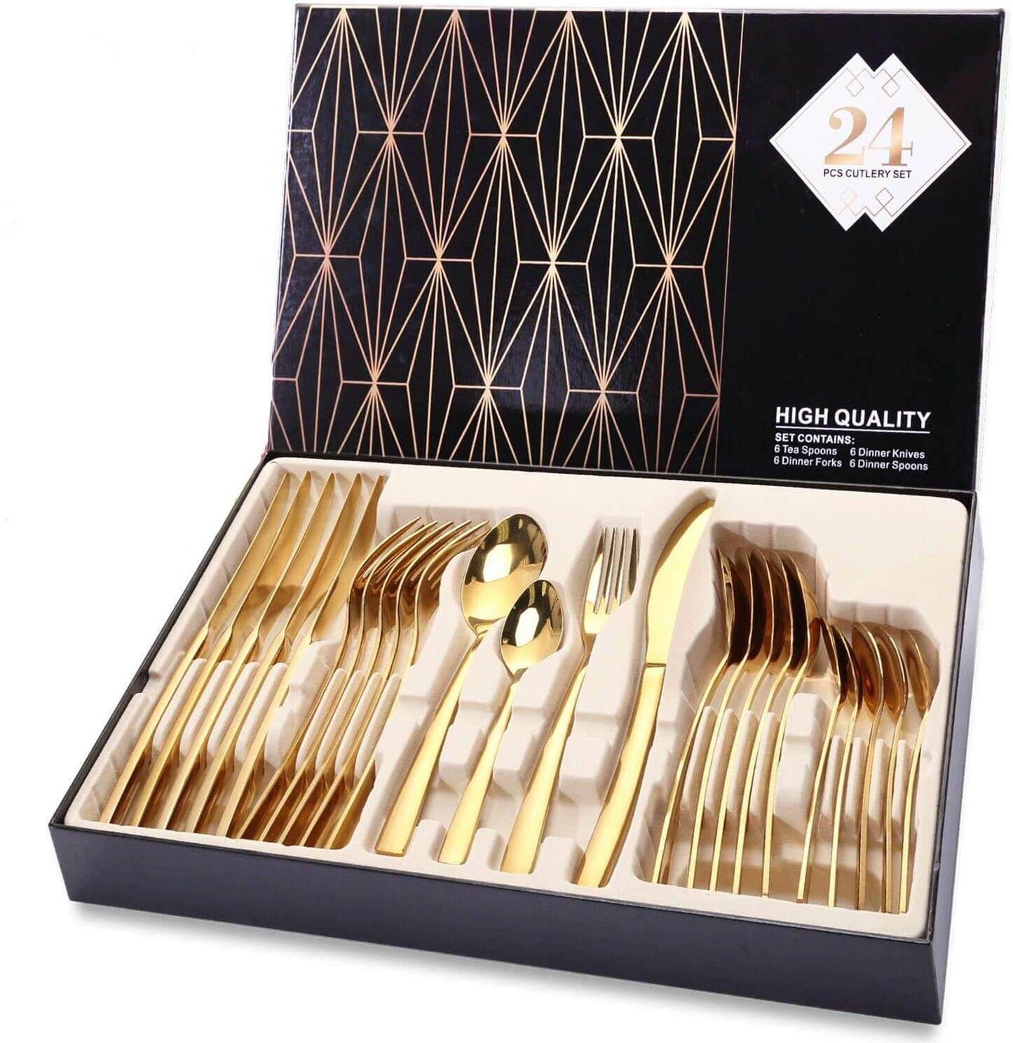 24Pcs Golden Silver Stainless Steel Flatware Cutlery Set Service for 6 - Bevelse