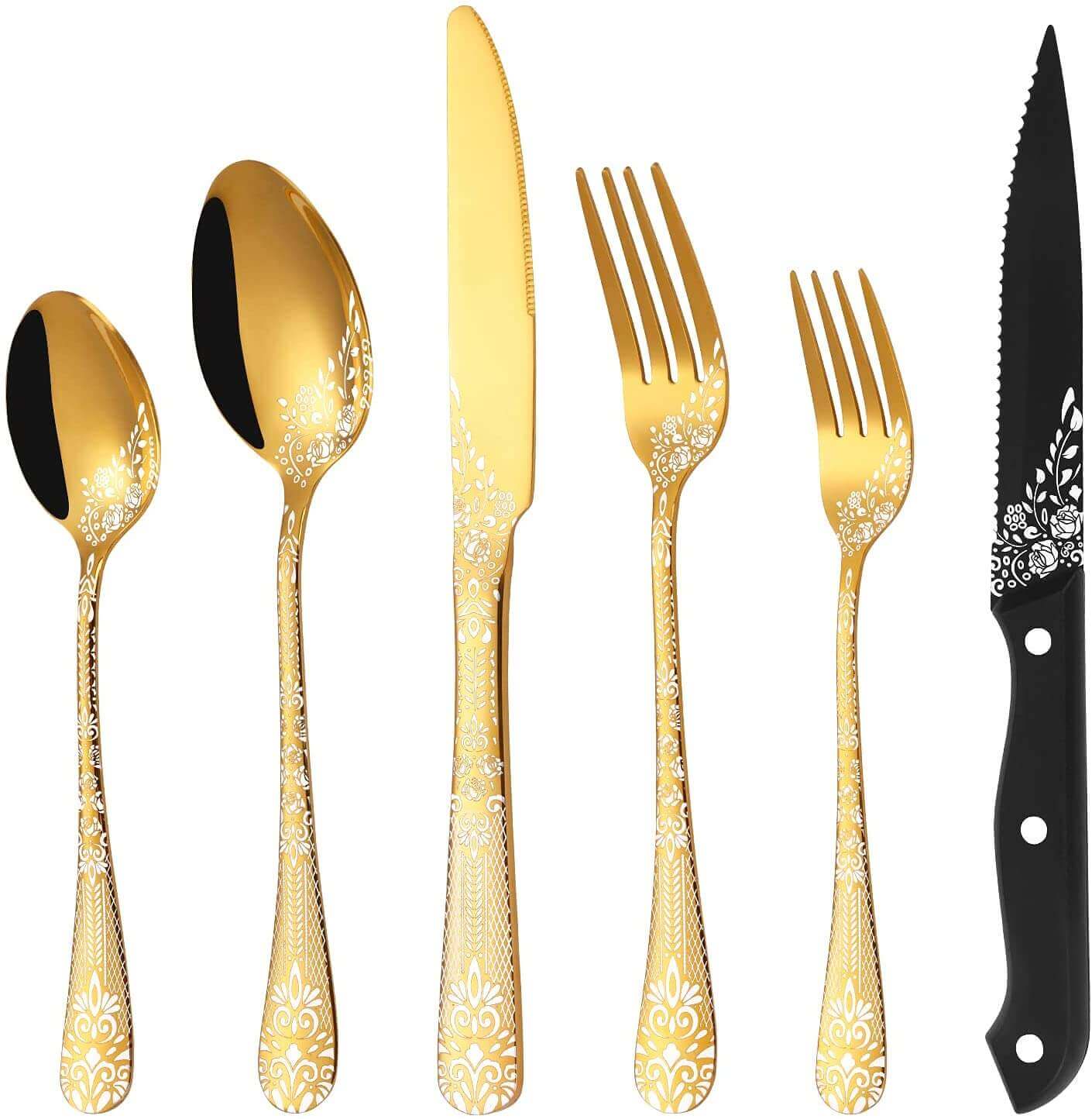 24Pcs Gold Stainless Steel Dishwasher Safe Silverware Flatware Cutlery Set - Bevelse